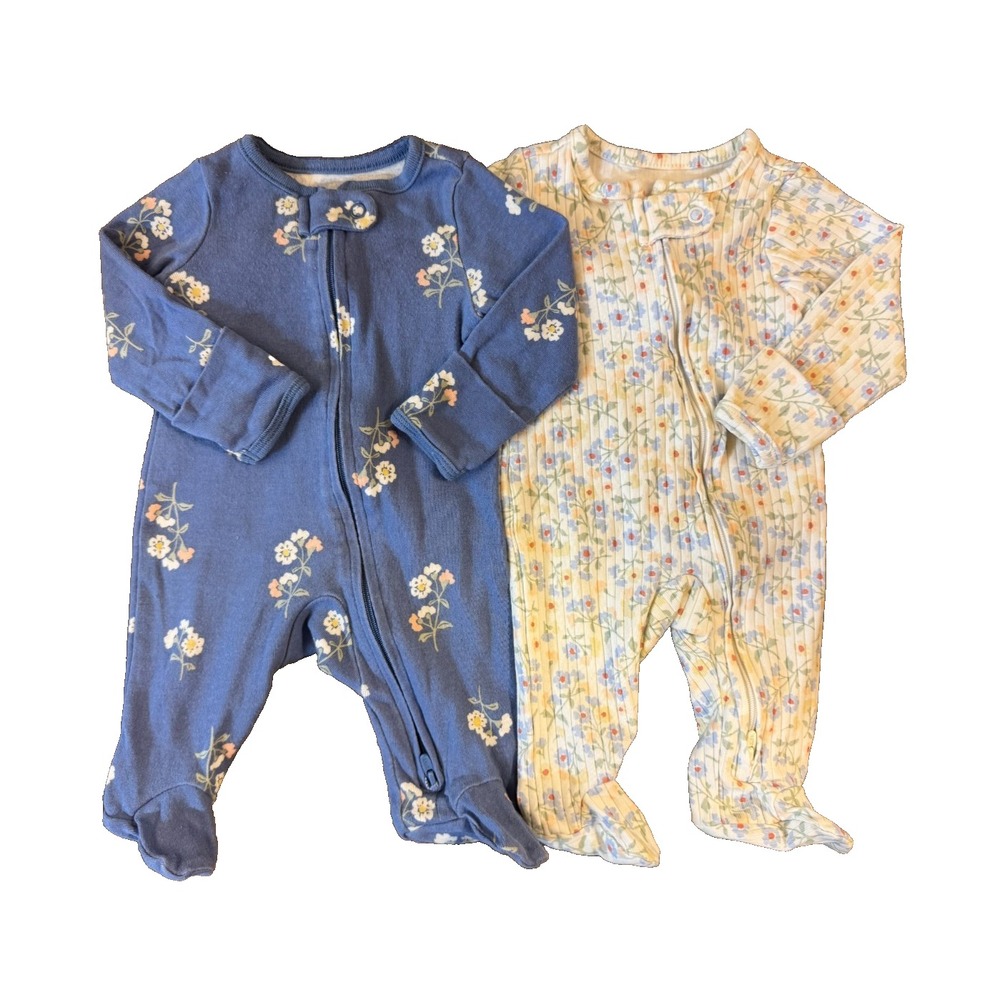 Baby Girl Sleepers Newborn Zipper Outfits Clothes Lot Flowers Blue White Bundle
